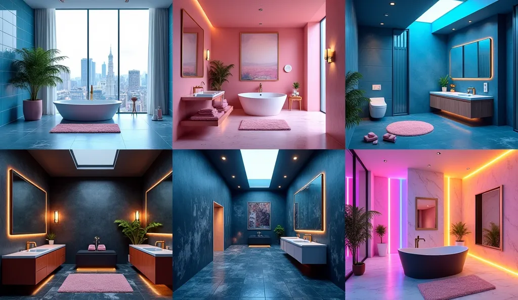 Create an image featuring six different bathroom designs, each showcasing a unique theme and aesthetic:

1. Top Left: A luxurious blue-themed bathroom with floor-to-ceiling blue tiles, a white freestanding bathtub, and large glass windows providing a citys...