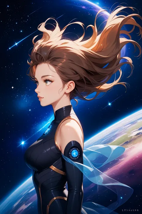 A dignified brown-haired girl floating in space