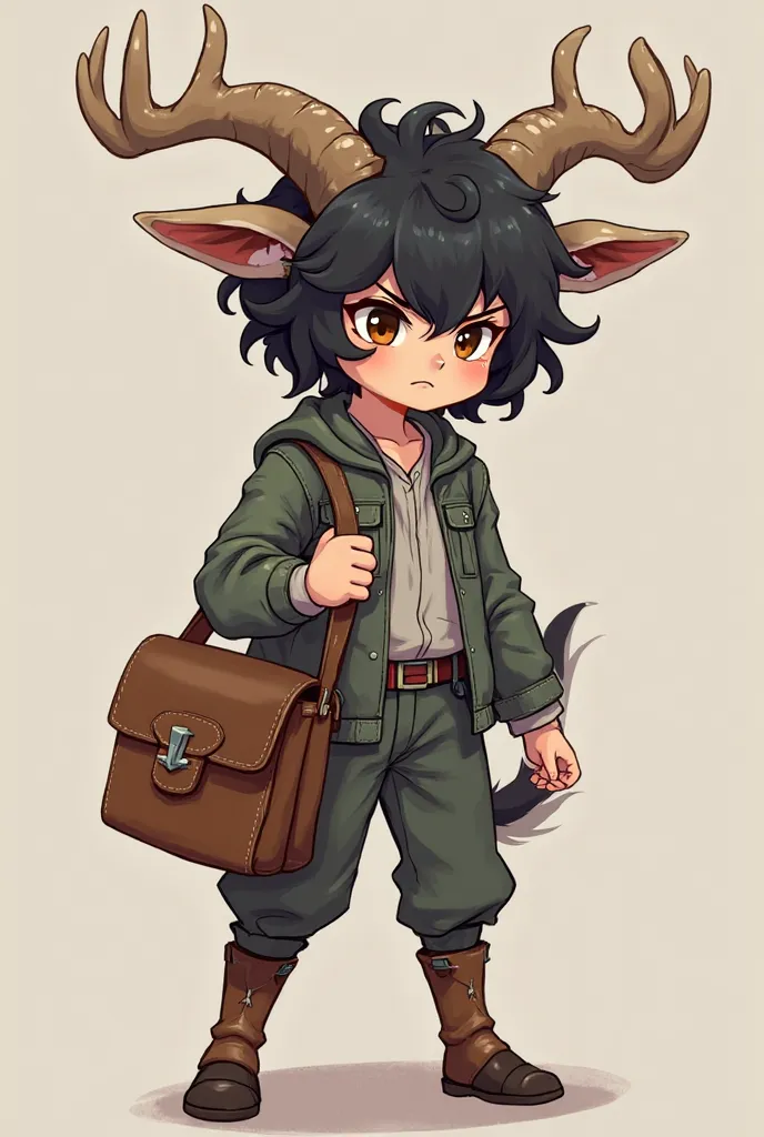 Create the image for an RPG character, a young age boy with goat legs and horns with deer ears and rabbit tail curly black Chanel hair and a deer snout holding a transverse postman's purse with a slightly embarrassed look 