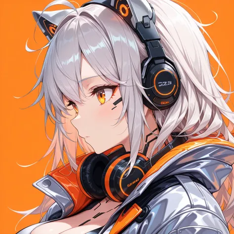 (masterpiece),(absurdres),(ultra detailed),(beautiful detailed),simple orange background,portrait shot,side view:0.8,(solo lady),(28-year-old),(silver cat ears:1.1),(silver hair),(long hair:0.8),(messy hair:1.1),(Ahoge:0.9),(middle breast0.9),(()),(orange ...