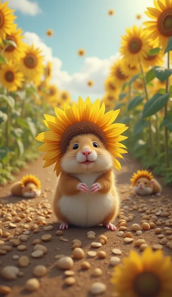  HD，There are lots of sunflower seeds on，Realism，Some animals after the fusion of sunflowers and hamsters，Hamsters with sunflowers growing on their heads，sunflowers on the farm