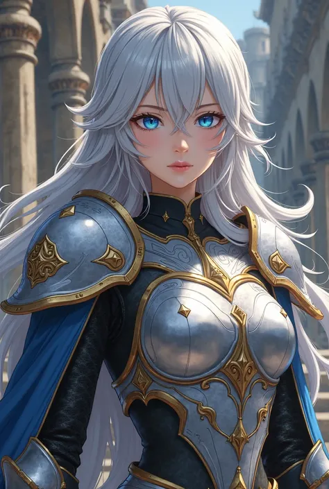 A 20 years old young woman. She was tall and regal, with long, flowing silver hair. She has blue eyes. Her shoulders straight, chin high. She wore a suit of enchanted armor silver...black and golden mixed...body armor...Anime...knight...hair between eyes.....