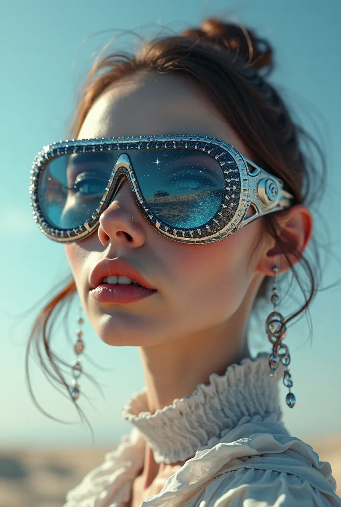 The model is wearing glass sunglasses with stars and the moon on the glass