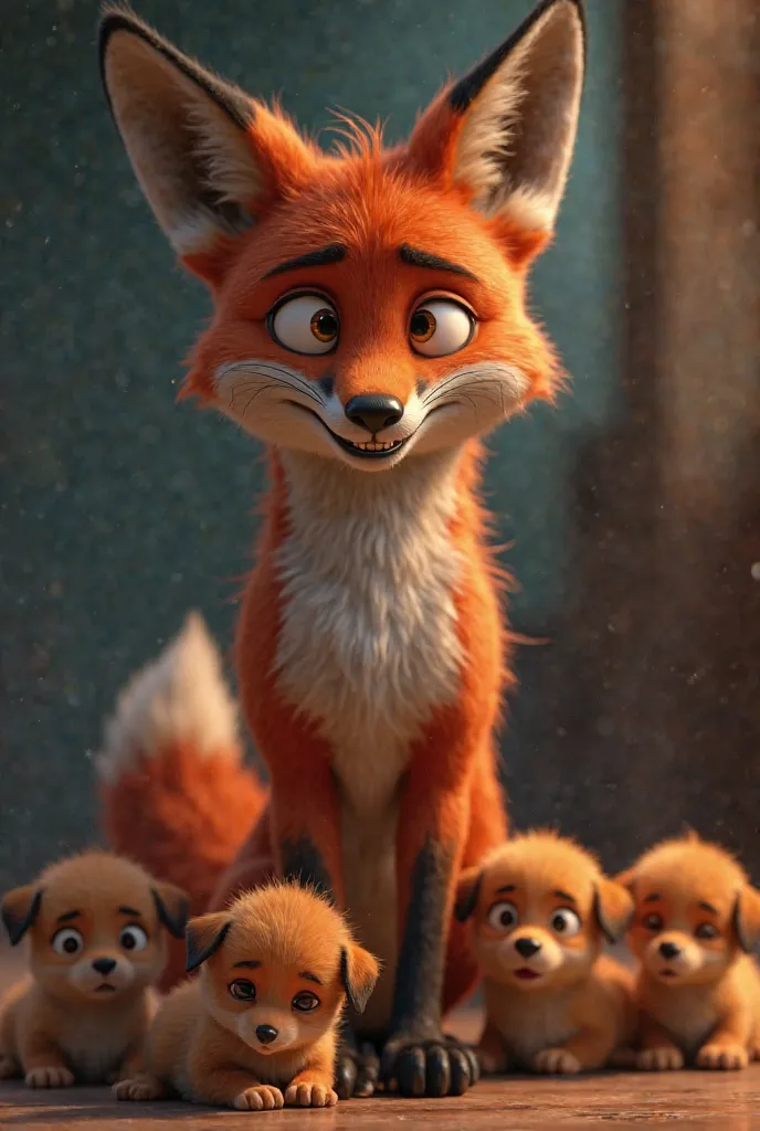 A 3D Pixar-style close-up of the fox standing in front of the puppies. The puppies are huddling together, visibly trembling with fear. Their wide eyes reflect vulnerability and anxiety. The fox stands still, its mouth slightly open, and its eyes soften, sh...