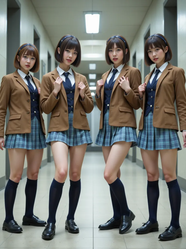  Ultra High Resolution,  realistic ,  very well detailed,  golden ratio,  Top Quality , 4 people standing full body shot , (  promotional photo shoot   ), ( standing),  4 people standing on the floor loafers that make me blush, ( 4 beautiful female student...