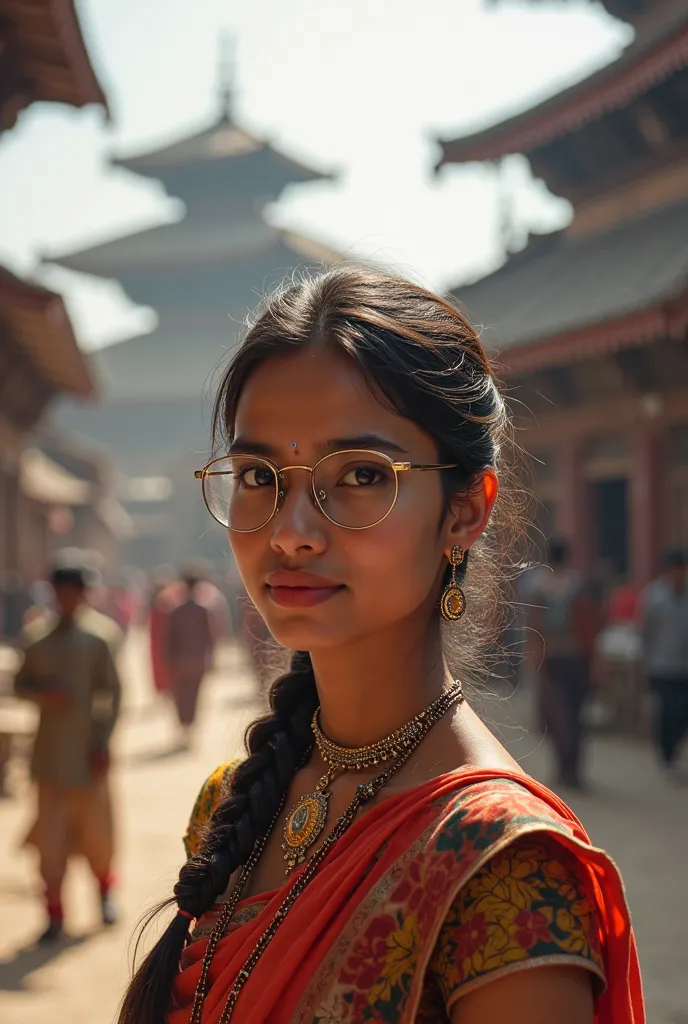 A nepali 25 yrs girl in mahatma gandhi glasses in basantapur, kathmandu with braces