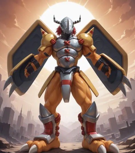 Wargreymon, muscular, red hair, scenery, scenery, Digimon, armor, titanium chest armor, Brave_Shield wings, Dramon_Killers gauntlets, titanium shin plates, orange skin, perfect proportions, hyper muscular,