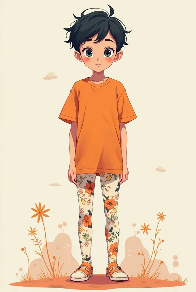 Anime boy in floral leggings and an oramge t shirt