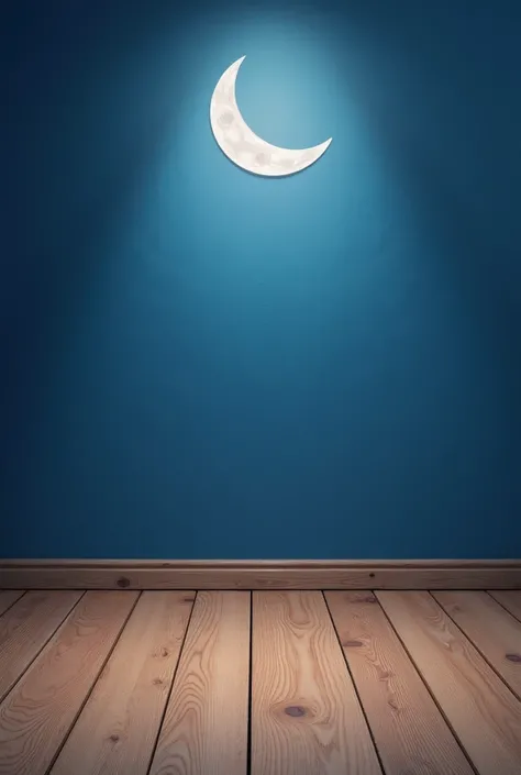 a close up of a wooden floor with a blue wall and a crescent, a minimalist painting by Bouchta El Hayani, trending on shutterstock, hurufiyya, moon light in the top background, moonlit backdrop, moonlight background, moon background, lunar backdrop, float ...