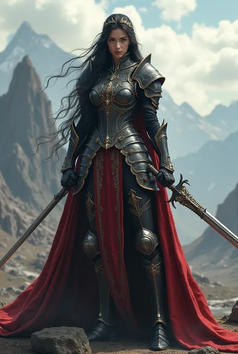 Get a sword in the hands of a princess dressed in full-lip armor with black long hair and black sharp eyes