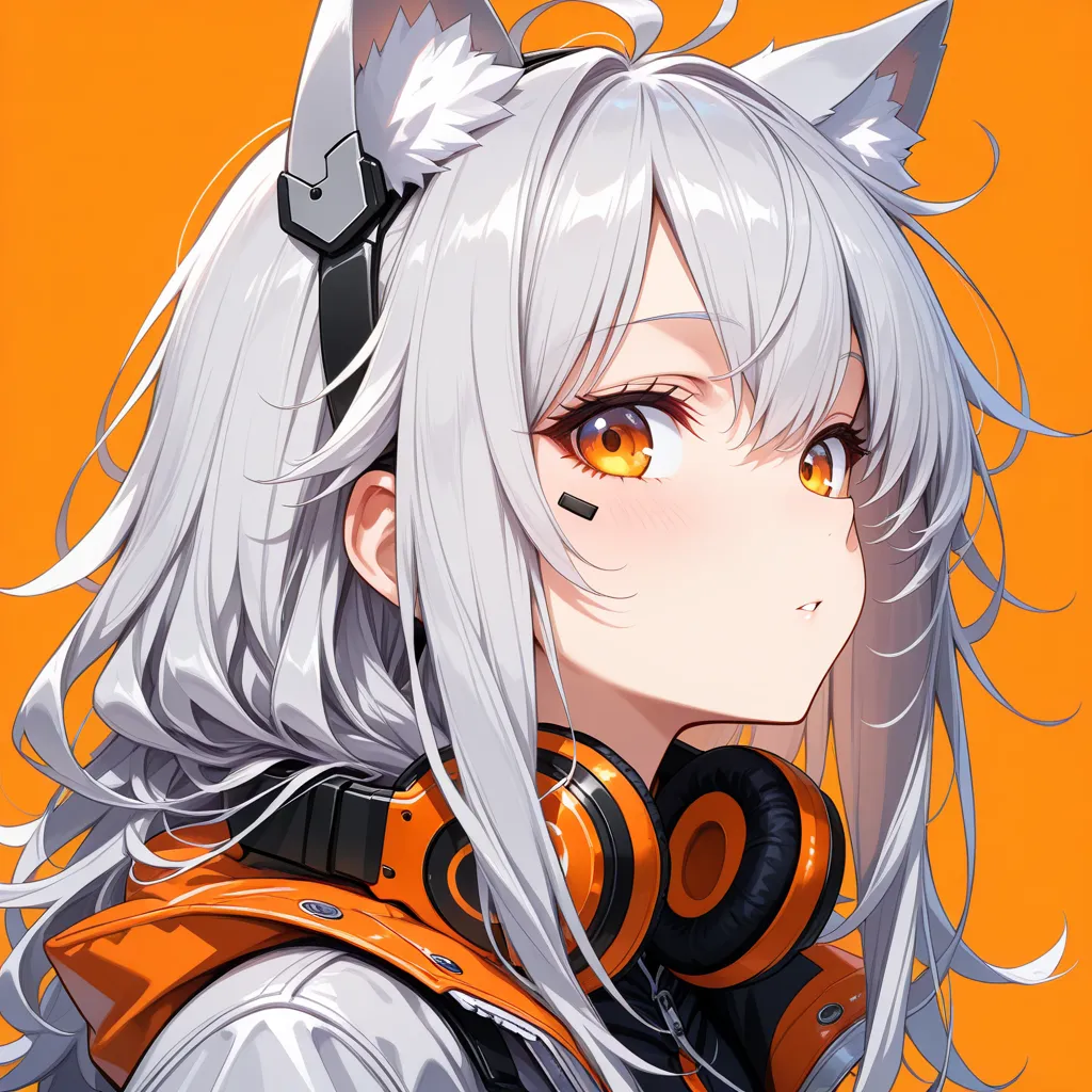 (masterpiece),(absurdres),(ultra detailed),(beautiful detailed),simple orange background,portrait shot,side view:0.8,looking viewer,waiting for kiss face:0.9,(solo lady),(28-year-old),(silver cat ears:1.1),(silver hair),(long hair:0.8),(messy hair:1.1),(Ah...