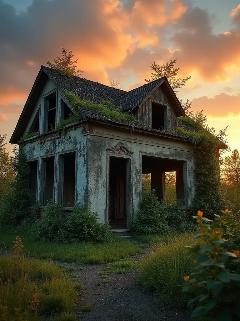 This is a striking image of an abandoned building with overgrown vegetation, partially collapsed roof, and a beautiful sunset in the background. The mix of decay and nature reclaiming the structure creates a surreal, almost post-apocalyptic atmosphere.

Is...