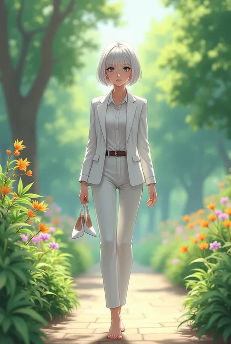 pose casual, caminhando barefoot em garden, shirt, women&#39;s suit, OL, white pants, short white hair,  work pants , garden, SECRETARY, white suit, women&#39;s suit, women&#39;s suit, shirt branca, thin white high heels ,  holding delicately shaped heels,...