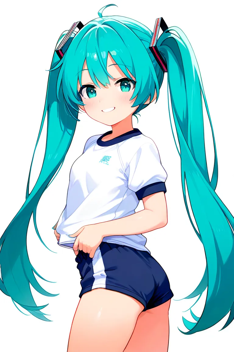 1 girl, vocaloid ,Hatsune Miku,blue-green long twin tails, bloomers, gym clothes,high school girl,Beautiful Girl,cute,smile,Sports Festival