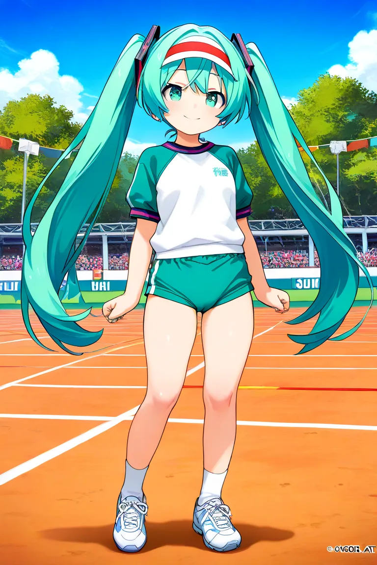 1 girl, vocaloid ,Hatsune Miku,blue-green long twin tails, bloomers, gym clothes,high school girl,Beautiful Girl,cute,smile,Sports Festival