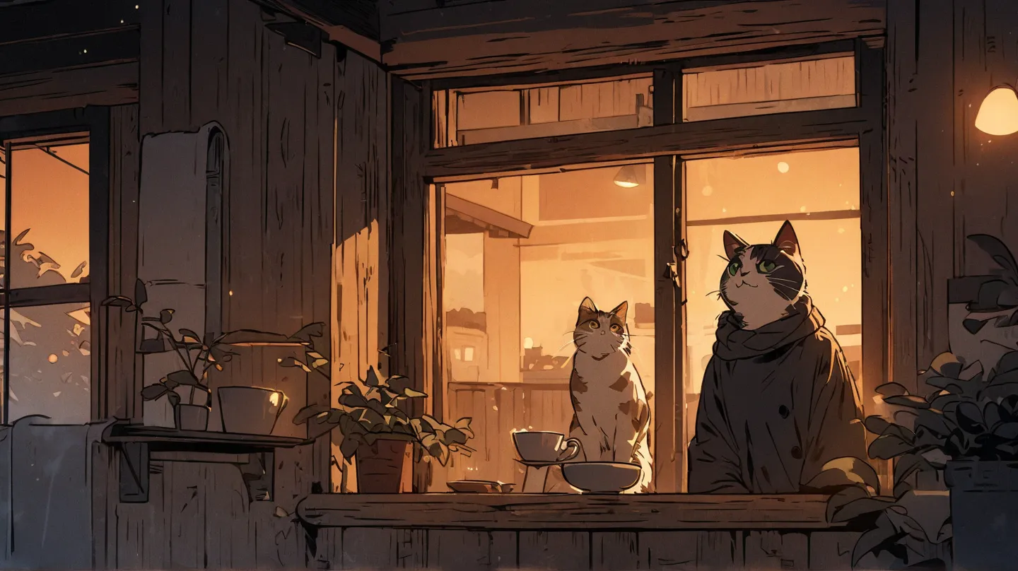 (Masterpiece, Best Quality:1.2), illustration style,standing by the window with a cup of coffee,cat, indoor setting, looking out the window,night sky, looking up , looking out the window, rustic atmosphere, creative space, tea cup, modern style, warm warmt...