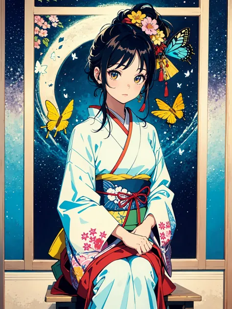 Dressed in oversized shirts and decorated with traditional patterns and colors, they capture the essence of the kimono. A Japanese female anime character sits facing forward against a background of colorful floral patterns and butterflies. The background i...