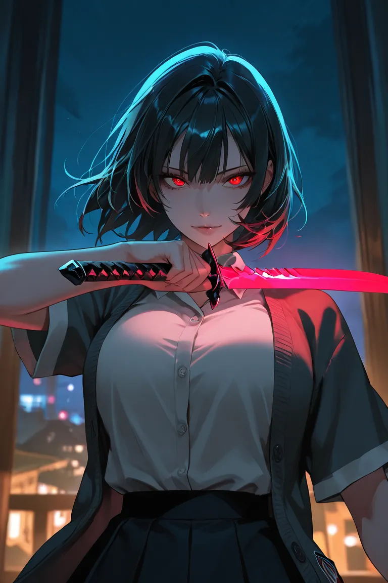 beautiful villain girl, attractive, top quality, masterpiece, cinematic shot, night time, dark ambience, dynamic pose, mysterious, bedroom eyes, wearing a layered short sleeve cardigan, has a short sword