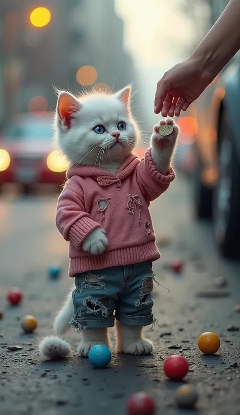 *"A heartbreaking, ultra-realistic 8K digital painting of a poor, stray white kitten with slightly dirty, fluffy fur and large, sad blue eyes standing on the edge of a rough, busy street. The kitten wears an old, tattered pink sweater full of holes and rip...