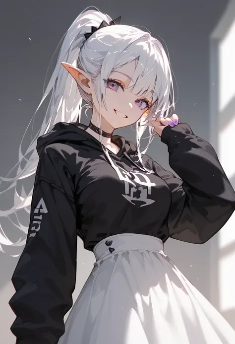 girl,Pointed ears, in purple eyes, white hair,Black and white dress,medium breasts, ponytail, black hoodies ,smile