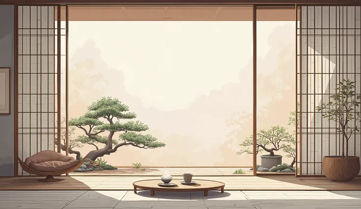 illustration in soft colors predominating , minimalism of a Japanese style living room with window to see the minimalist Japanese garden with bonsai trees, the stage evokes energy and elegance