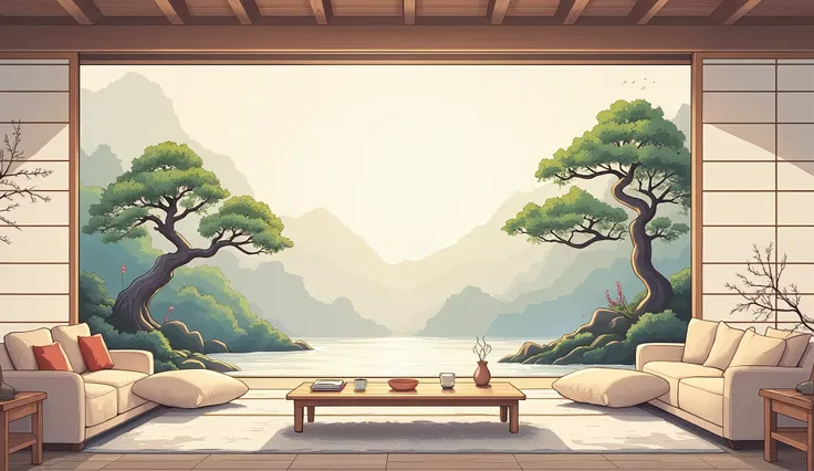 illustration in soft colors predominating , minimalism of a Japanese style living room with window to see the minimalist Japanese garden with bonsai trees, the stage evokes energy and elegance
