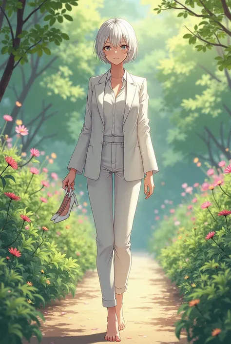 pose casual, caminhando barefoot em garden, shirt, women&#39;s suit, OL, white pants, short white hair,  work pants , garden, SECRETARY, white suit, women&#39;s suit, women&#39;s suit, shirt branca, thin white high heels ,  holding delicately shaped heels,...