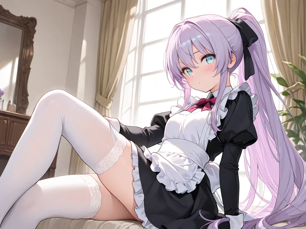 (masterpiece ,best quality, exquisite, ultra-detailed character), 1girl, lilac hair, very long hair, ponytail, hair ribbon, light blue eyes, maid, frills, miniskirt, white thighhighs, embarrassed, dressing room