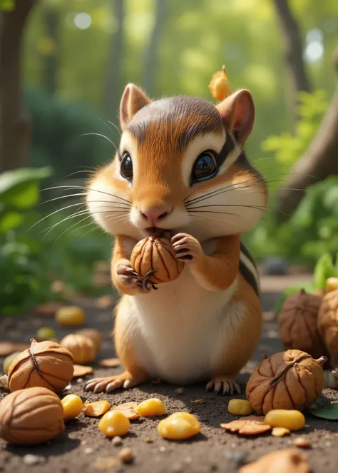 chipmunk eating deformed walnuts、At Forest Square、 cheeks 、cute、Real 3D render、