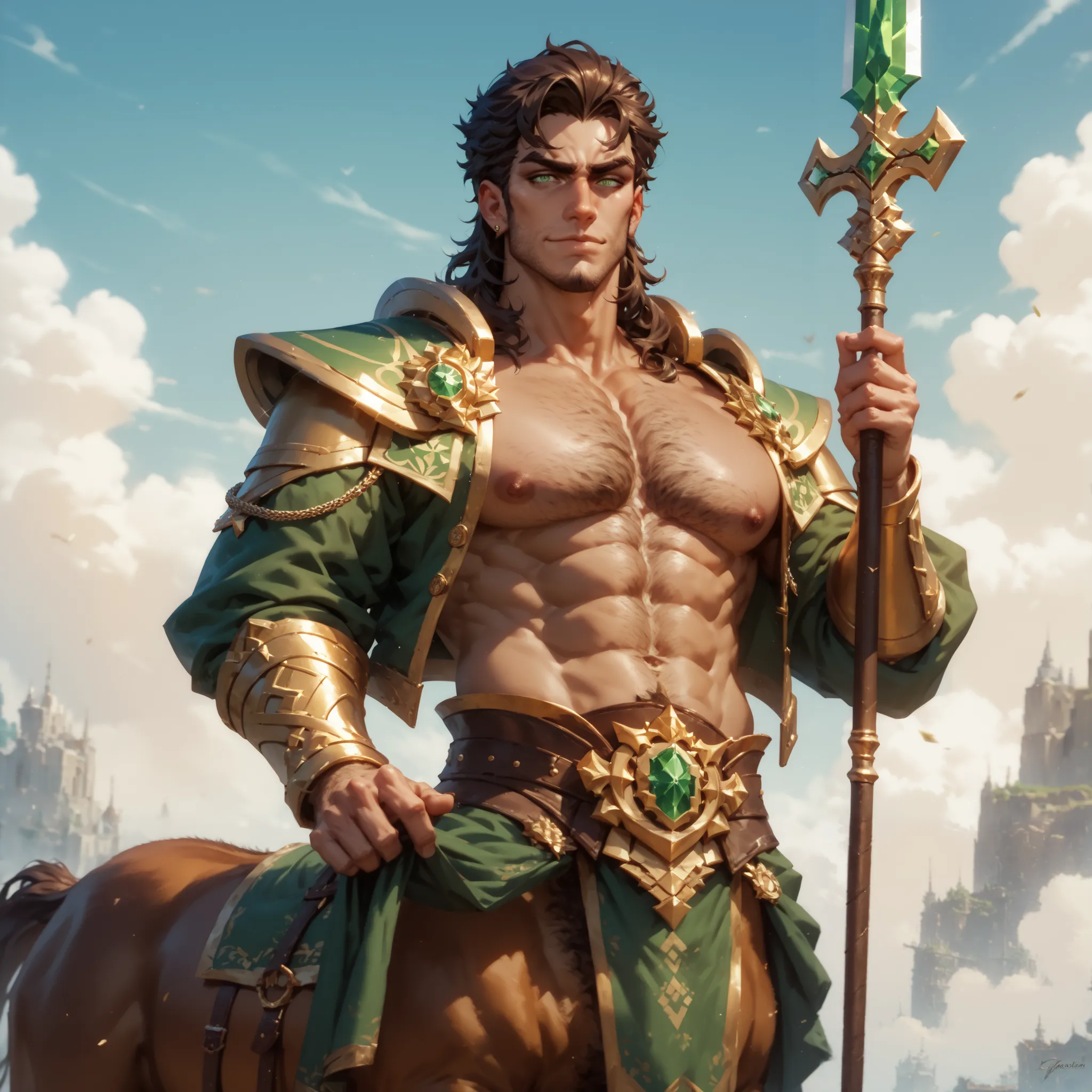 ((Oil painting style, Masterpiece)) centaur, male glossy skin, hairy chest, wearing a sheer loin cloth, slight bulge, casual pose, caramel-colored skin, emerald colored eyes, slight smirk, square jaw, shoulder lenght hair, fierce expression, holding spear,...