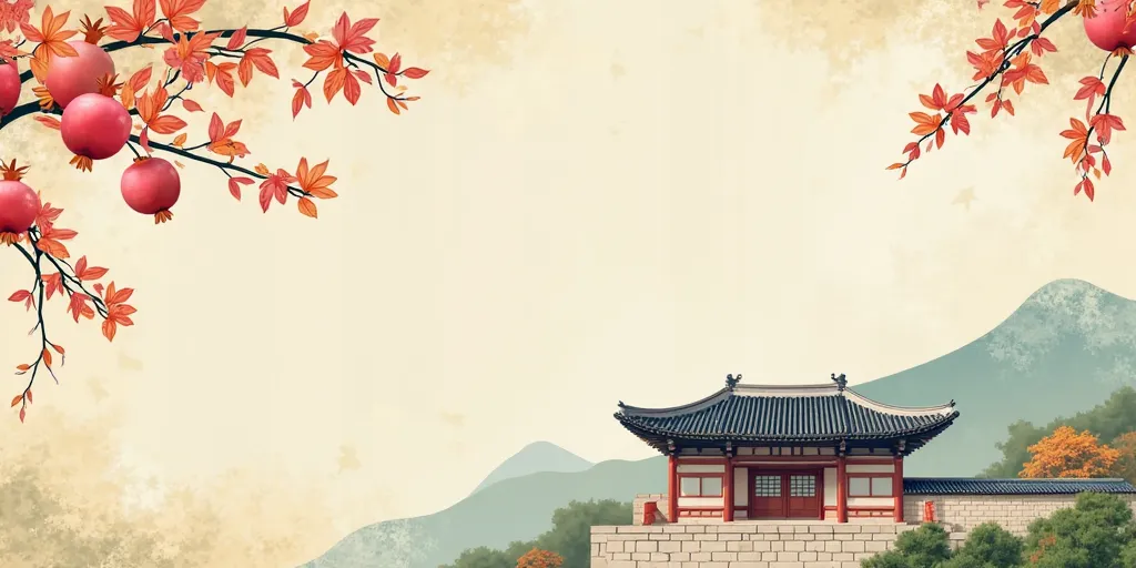 [전통 Hanok 마당 background]  
**:: main structure ::2.5**  
**top 25%**:  
  - left and right 20%: tiled roof (#8B4513) + **red pomegranate branch** (#9A031E)  
  - **뒷background 좌우**: 흐릿한 Hanok 군집 실루엣 (#5A4D3A 30% transparency)  

**middle 25%**:  
  - left ...