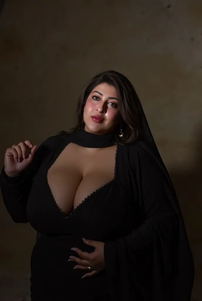 Front pose, pakistani chubby plump bbw voluptuous housewife, 35 year old,(masterpiece, best quality:1.2), black hijab, long black cotton Abaya burka, huge breasts, horny aroused look, brown hair, large breasts, seductive biting lips, lipstick, photorealist...