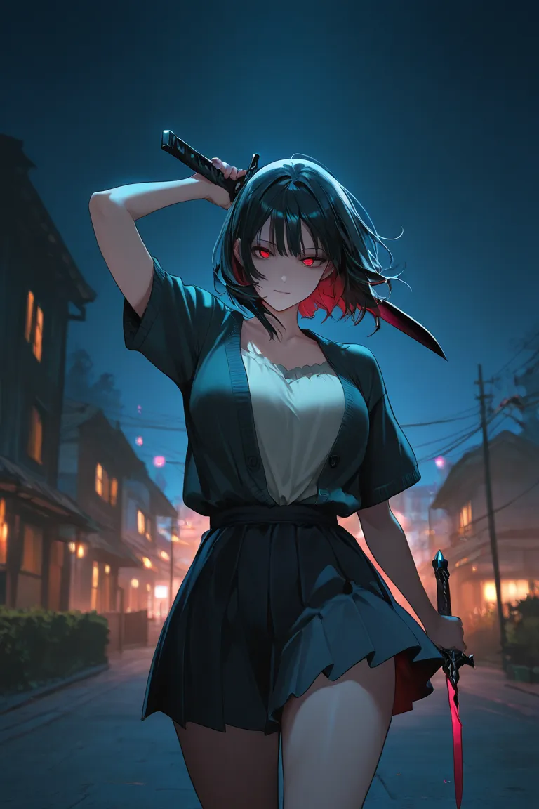 beautiful villain girl, attractive, top quality, masterpiece, cinematic shot, night time, dark ambience, dynamic pose, mysterious, bedroom eyes, wearing a layered short sleeve cardigan, has a short sword