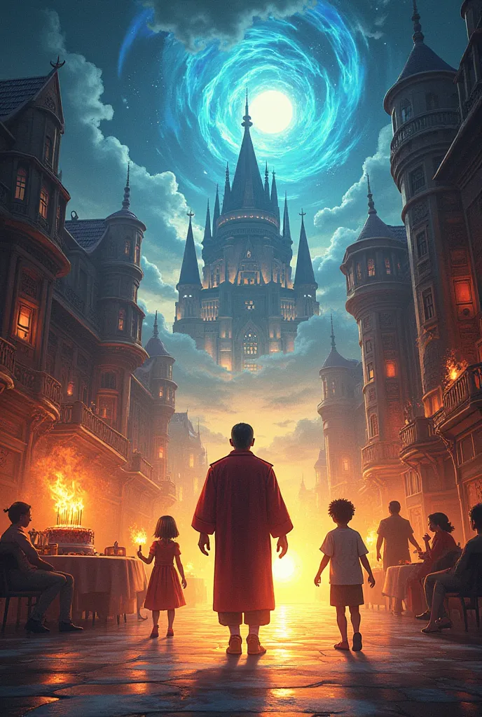 Style Drawing about (Man at the center, stepping from the warm, familiar setting of his home with his family holding a birthday cake on the left, into a vibrant, magical fantasy world on the right, complete with a grand castle, glowing fire effects, and hi...