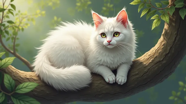 A close-up of a fluffy-tailed white cat sitting on a tree branch.