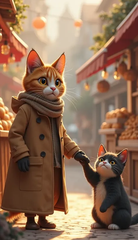 "A heartwarming 3D hybrid animation-style moment where a kind, middle-aged anthropomorphic cat (wearing a warm, modest brown trench coat and a simple woolen scarf) approaches the poor cat with a gentle smile. It extends a gloved paw, offering help. The poo...