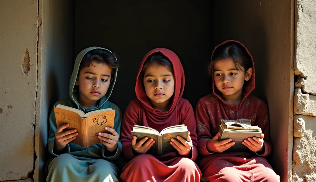 "Three young sisters are sitting inside a small, dimly lit house with cracked walls. The eldest, Ayesha, holds an old book with a stethoscope drawn on the cover, dreaming of becoming a doctor. Sara, the middle sister, holds a few torn books, lost in her th...