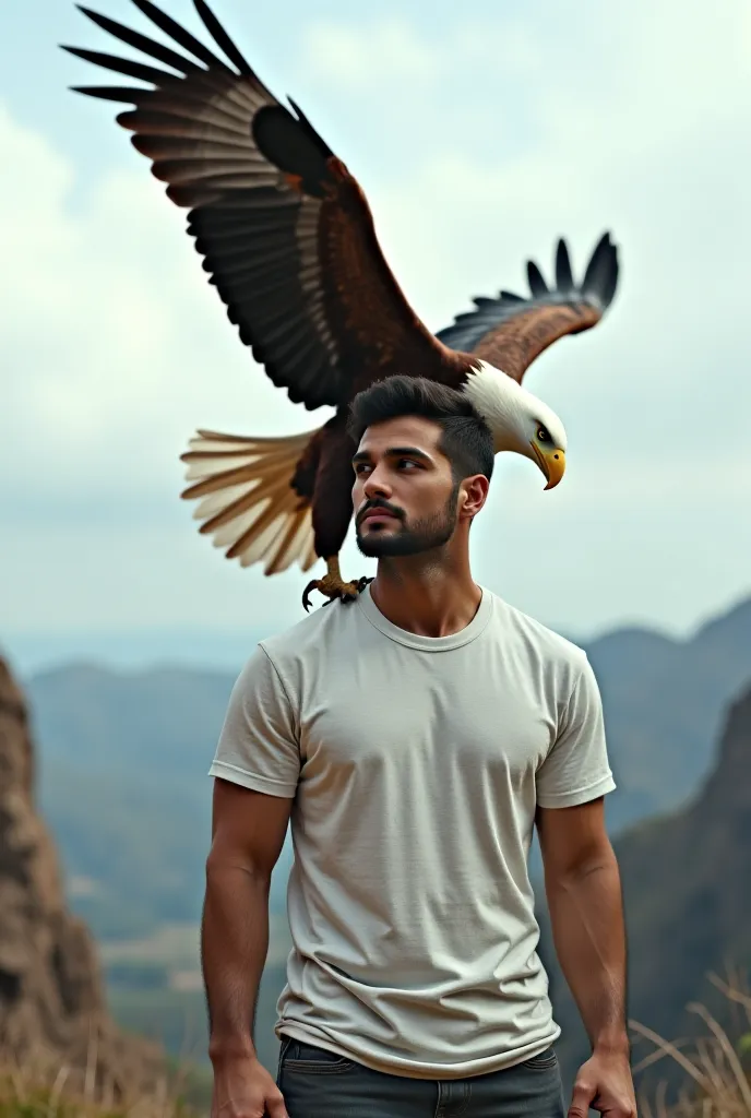 A man in a straight-looking t-shirt is accompanied by a flying eagle