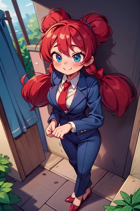 (masterpiece, best quality), 1girl, dark blue marine formal full suit, red tie, dark blue marine formal pants,  black formal shoes, red hair, two ponytails, cute face, blue eyes, standing, outdoor, intricate detail, sunlight, in work office, smile, blush, ...