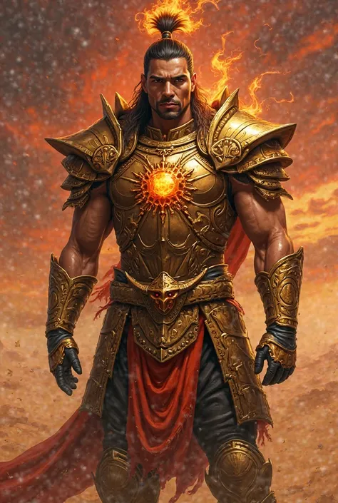 The Sovereign Karura
" An imposing warrior , of tanned skin and long hair tied in a ponytail. Your eyes carry the intensity of a leader forged in battles, and his physical bearing transmits strength and authority. Its gold armor with orange details display...