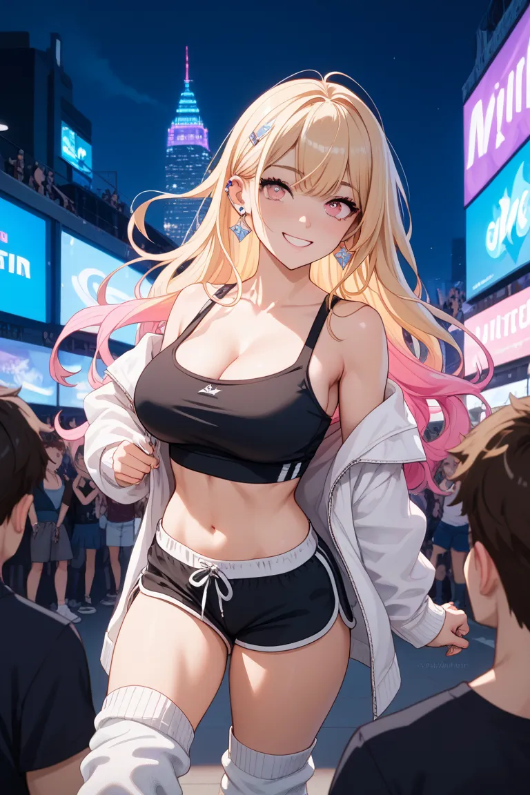 girls, fit girl, KJOmarin, blond hair, long hair, pink eyes, earrings,  ear piercing, colorful hair,  score_9,  score_8_up,  score_7_up,  source_anime, masterpiece,best quality, Big Breasts, Fancy fixes,black tube top, white dolphin shorts, belly button, w...