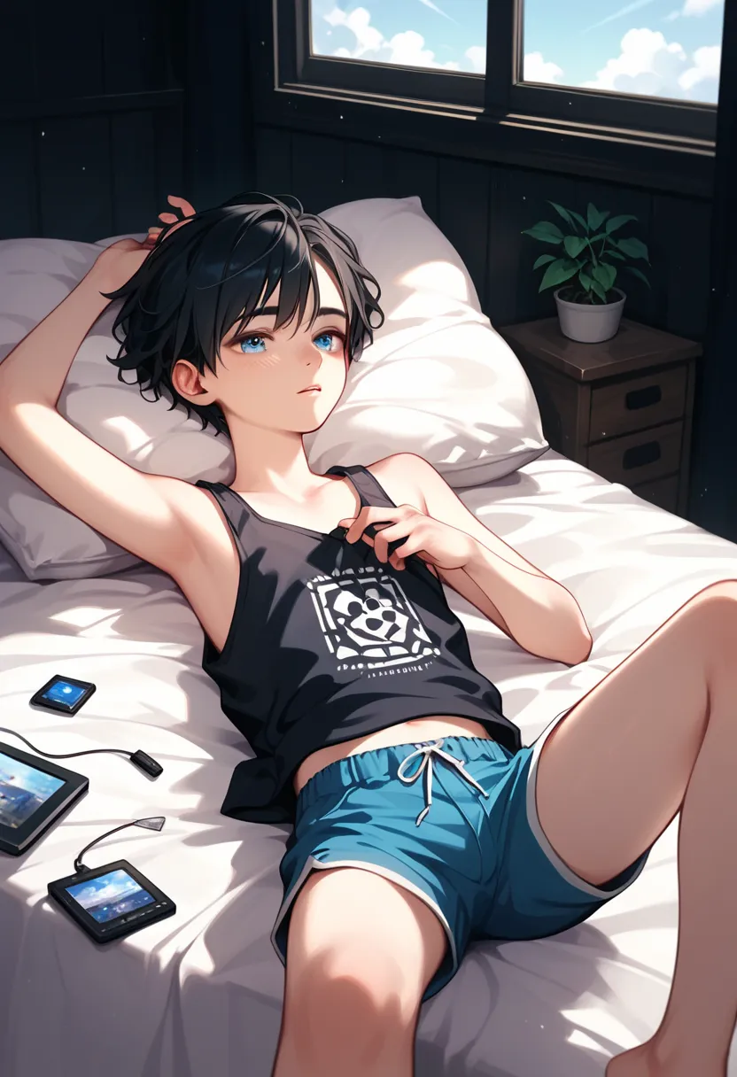 1boy、( short hair、Black Hair、blue eyes)、tanktop、 shorts、Lying on back in bed