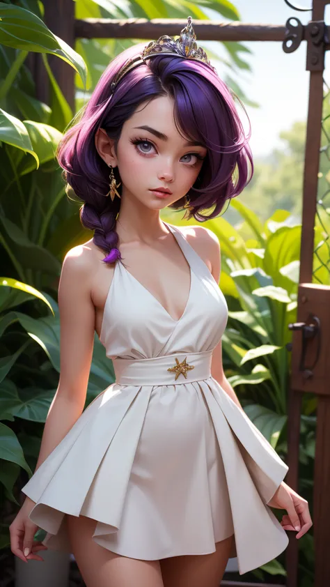 Full shot of  naked girl with vibrant purple hair and striking violet eyes.

Her hair is long, flowing, and styled with a braided section near the crown.

The girl's pose is slightly turned, and her expression is neutral yet captivating. The style leans to...