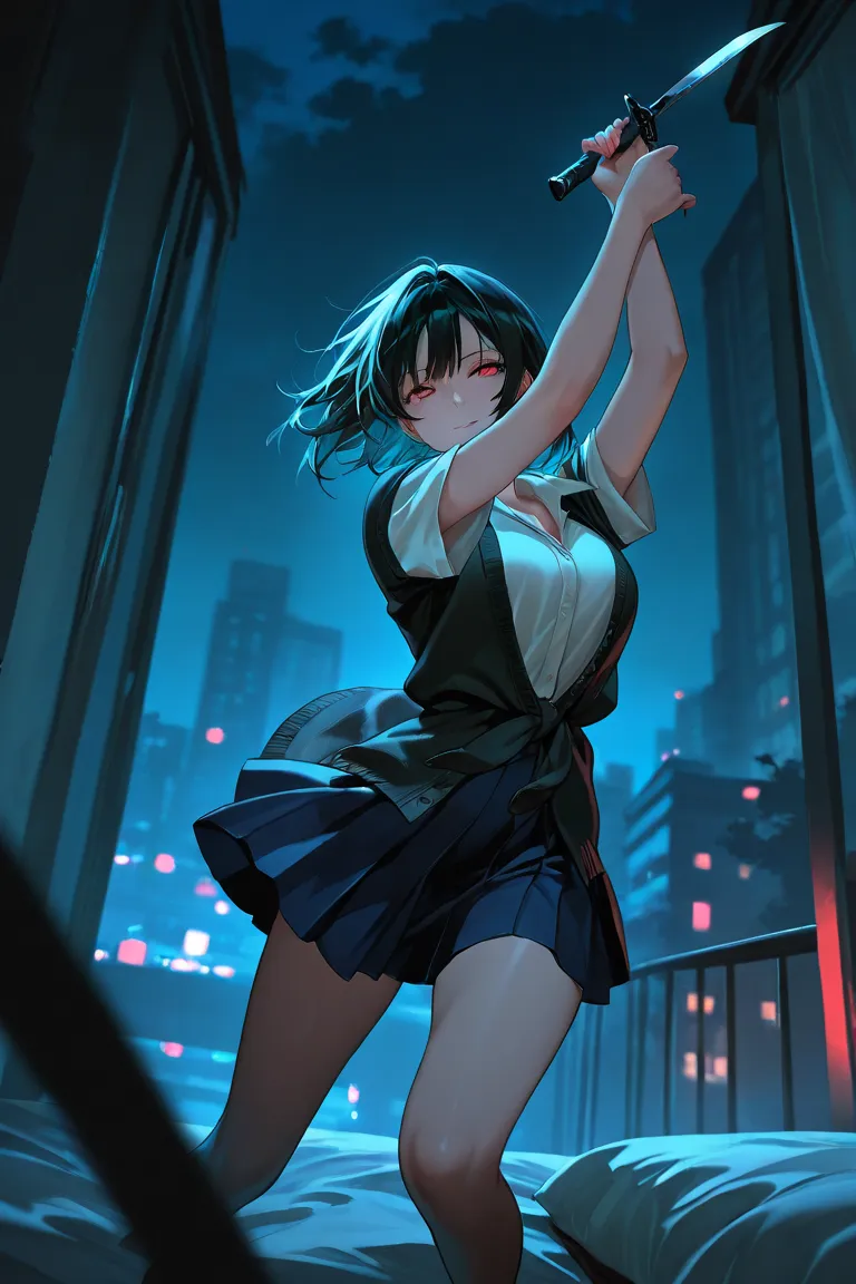 beautiful villain girl, attractive, top quality, masterpiece, cinematic shot, night time, dark ambience, dynamic pose, mysterious, bedroom eyes, wearing a layered short sleeve cardigan, has a short sword