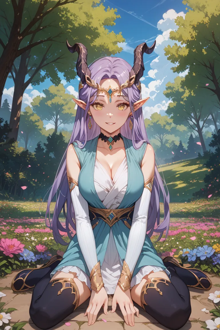 DQ10 estella, DQ10 estella, long hair, purple hair, yellow eyes, pointy ears, horns, circlet, earrings, choker, nude BREAK large breasts, beautiful, masterpiece, 8K resolution, extremely detailed face, 1girl, Beautiful girl, adult girl, 20 years old, eye h...