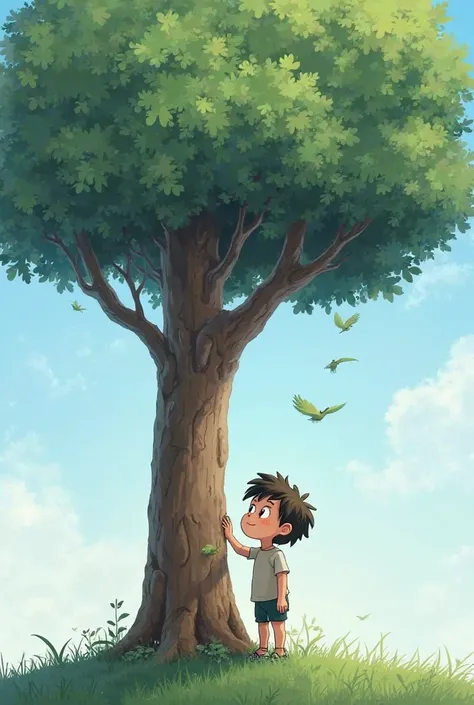 The boy stands under his fully grown tree, touching its strong trunk. The sky is blue, birds fly, and a cool breeze blows. He smiles, knowing that kindness and patience have made his tree strong and helpful to everyone.