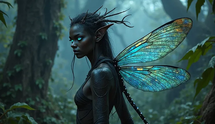  elven woman, black skin, glowing blue eyes, Light blue hair, short black antennae on her head, iridescent dragonfly wings on her back, in a dark forest