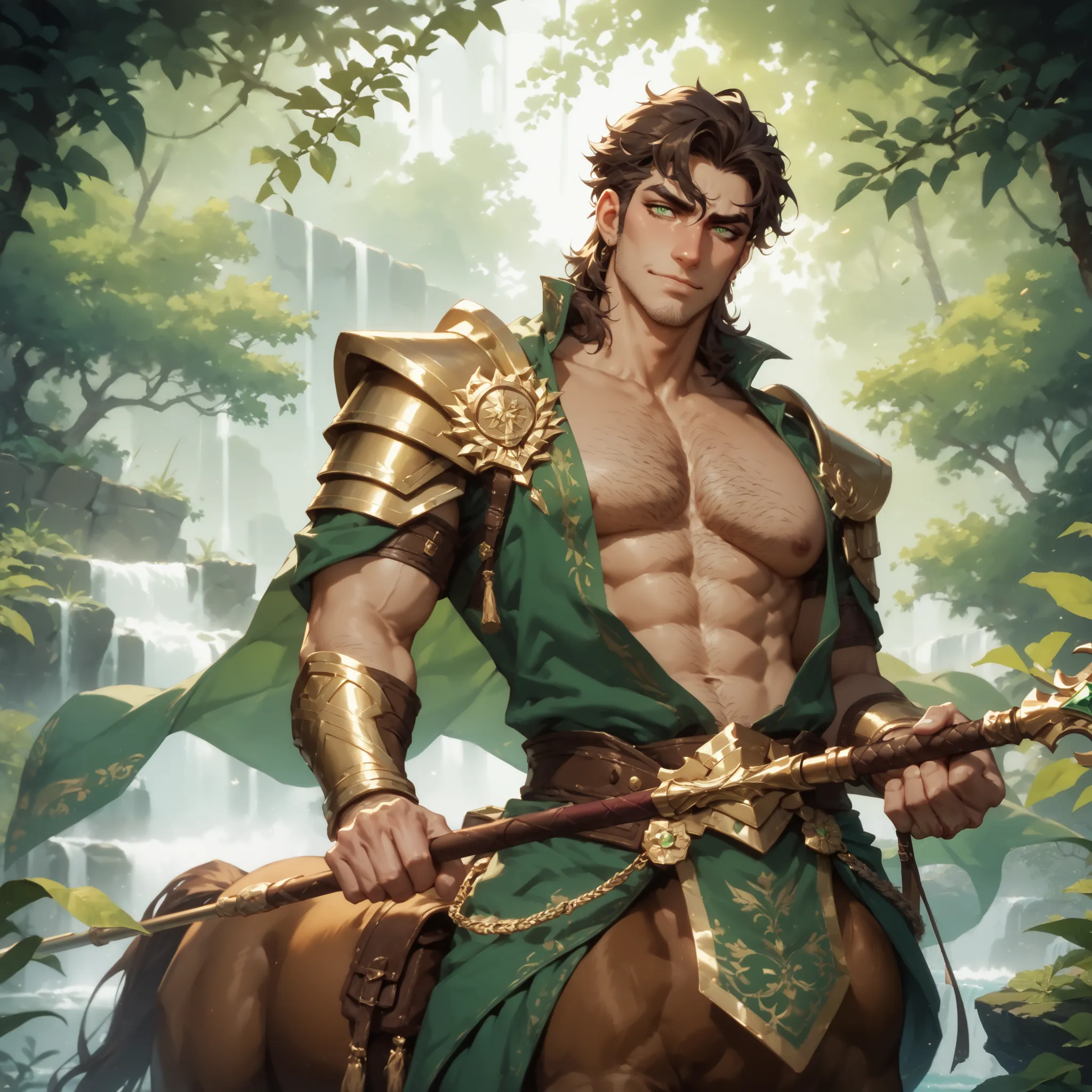 ((Oil painting style, Masterpiece)) centaur, male glossy skin, hairy chest, wearing a sheer loin cloth, slight bulge, casual pose, caramel-colored skin, emerald colored eyes, slight smirk, square jaw, shoulder lenght hair, fierce expression, holding spear,...