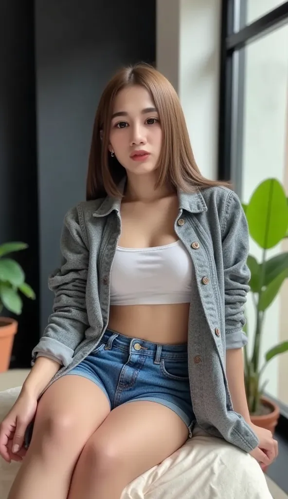 25 years old Korean woman, realistic body, masterpiece, cinematic quality, deep focus, facial details, smooth skin, clear focus, the light hits her skin making her stand out (natural light, afternoon light), natural breasts, she wears a gray long-sleeved u...