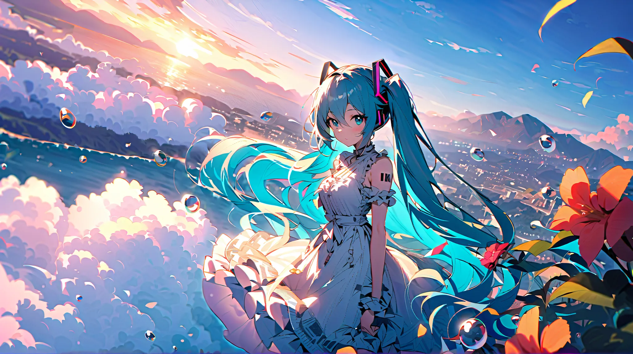 ＪＫ, flowing hair with handprints,beautiful sky from the light source,  beautiful clouds, summer， Colorful Flowers, (Transparent bubbles sparkle in the sky), masterpiece,Hi-Res,Wide Angle Lens、1 girl, Hatsune Miku, Vocaloid, blue eyes,  Lantern, long hair, ...